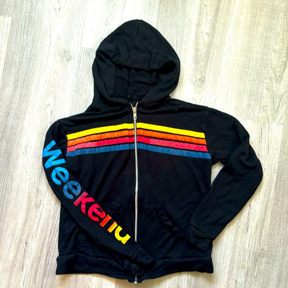 Kids Black Zip-Up Hoodie with Rainbow Stripes - inspired by Aviator Nation